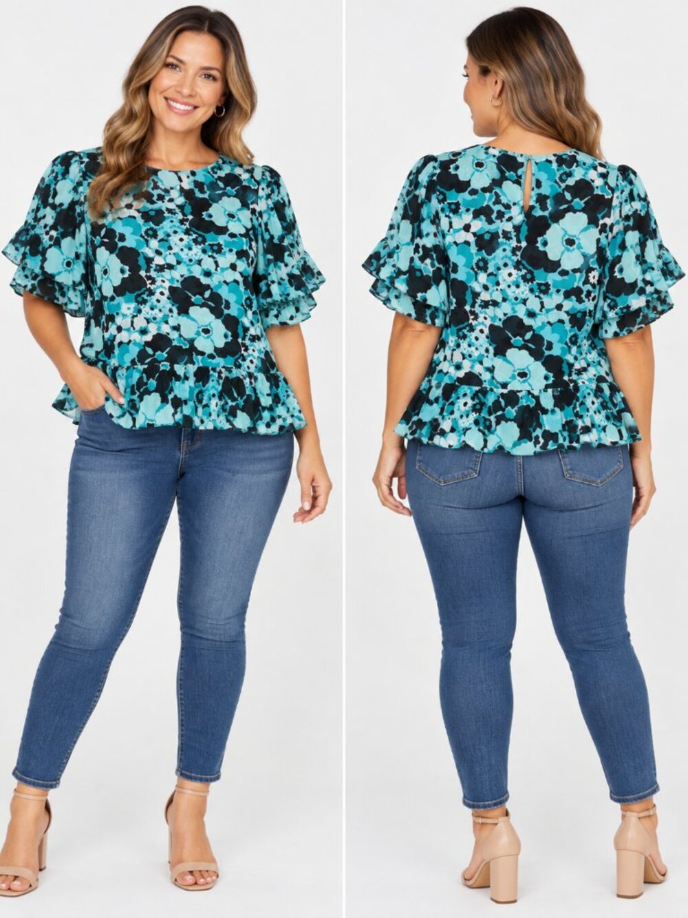 Michael Kors Floral Peplum Sheer Blouse Ruffle Hem Puff Sleeve XL